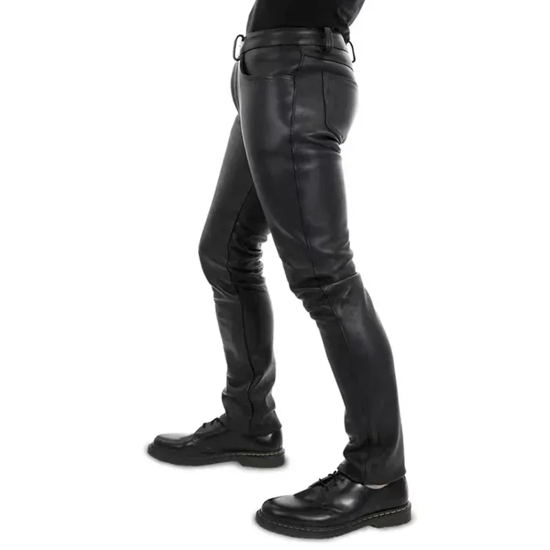 Men's Business Matte Leather Pants Classic Motorcycle Biker Trousers with Pocket Double Button Stretch PU Pants Clubwear Custom