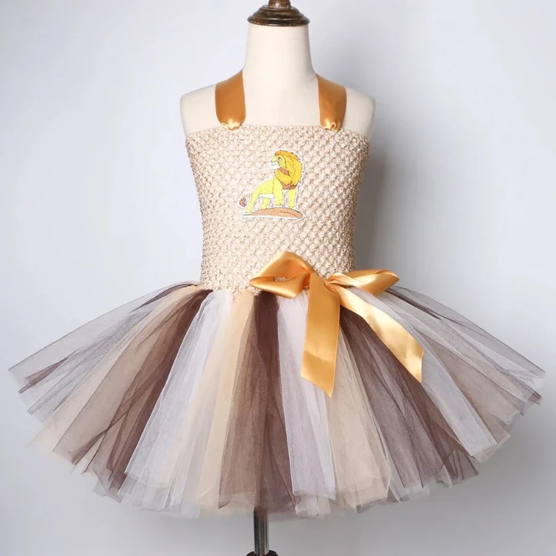Lion King Girls Party Dresses Halloween Costume Kids Toddler Carnival Jungle Party Animal Dress Up Clothes with Mane Headband