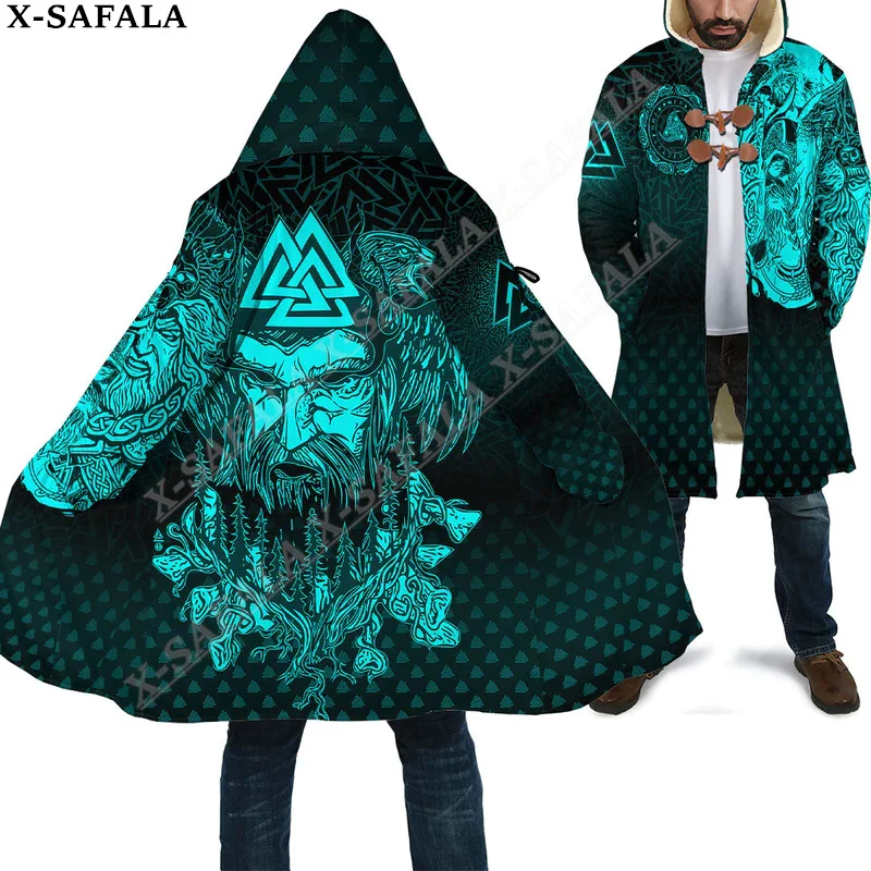 Symbol Viking Tattoo Raven Odin Overcoat Coat 3D Print Thick Warm Hooded Cloak Men Windproof Fleece Unisex Casual-35