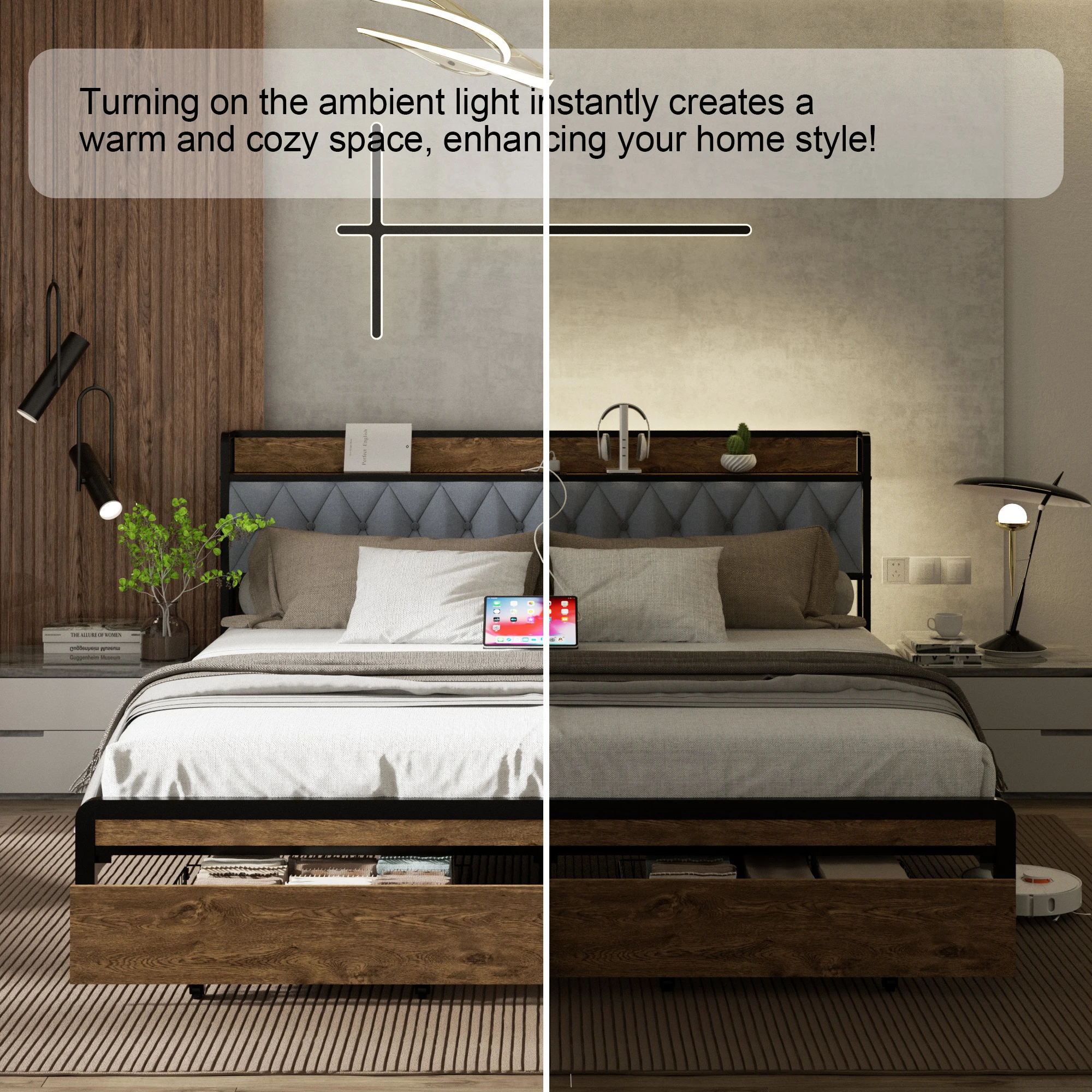 !@Luxury Modern Furniture Bed Frame Smart Lift-Up Storage | Durable Solid Oak Wood Queen Bed 800LBS Load Capacity App Control
