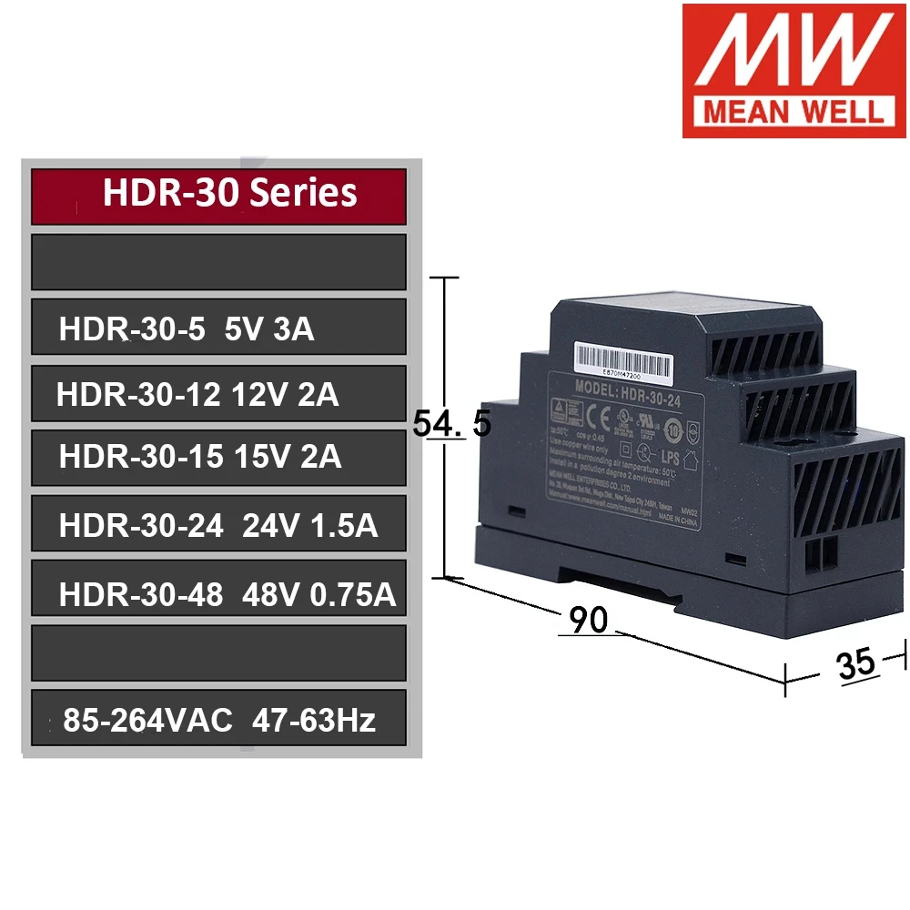 Mean Well HDR-30 5V 12V 15V 24V 48V Meanwell Ultra Slim DIN Rail Switching Power Supply HDR-30-5 HDR-30-12 HDR-30-24 HDR-30-48