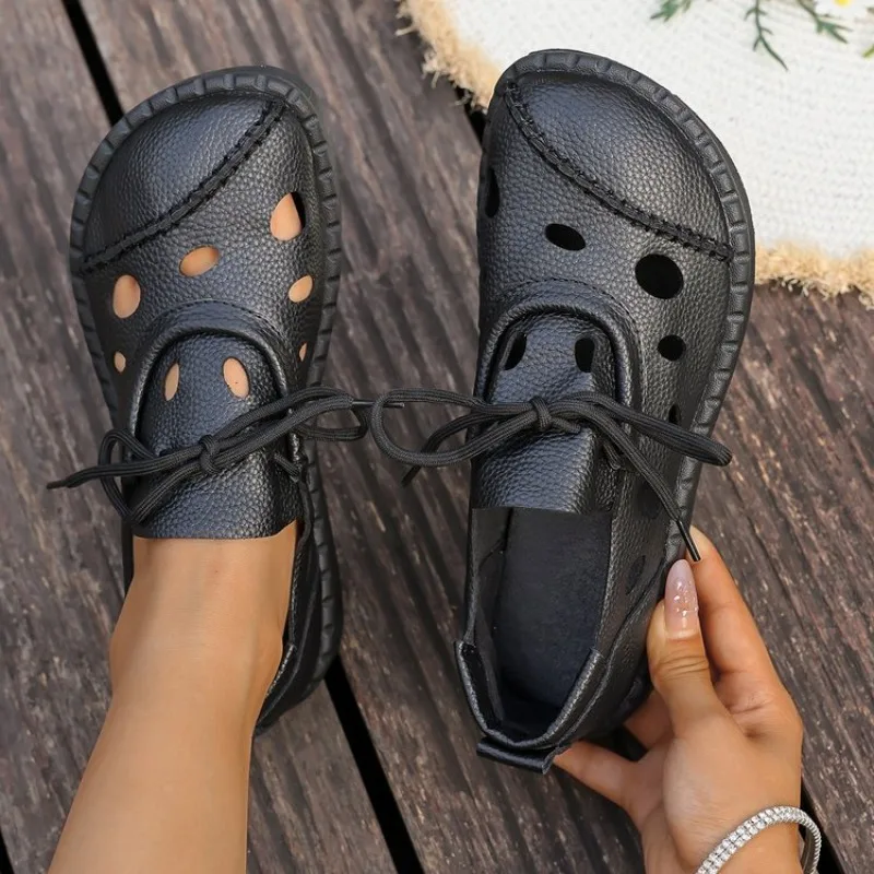 

Лето 2023, новые сандалии на шнуровке с вырезами, женские нескользящие кожаные богемные повседневные туфли ручной работы на плоской подошве с толстой подошвой ​