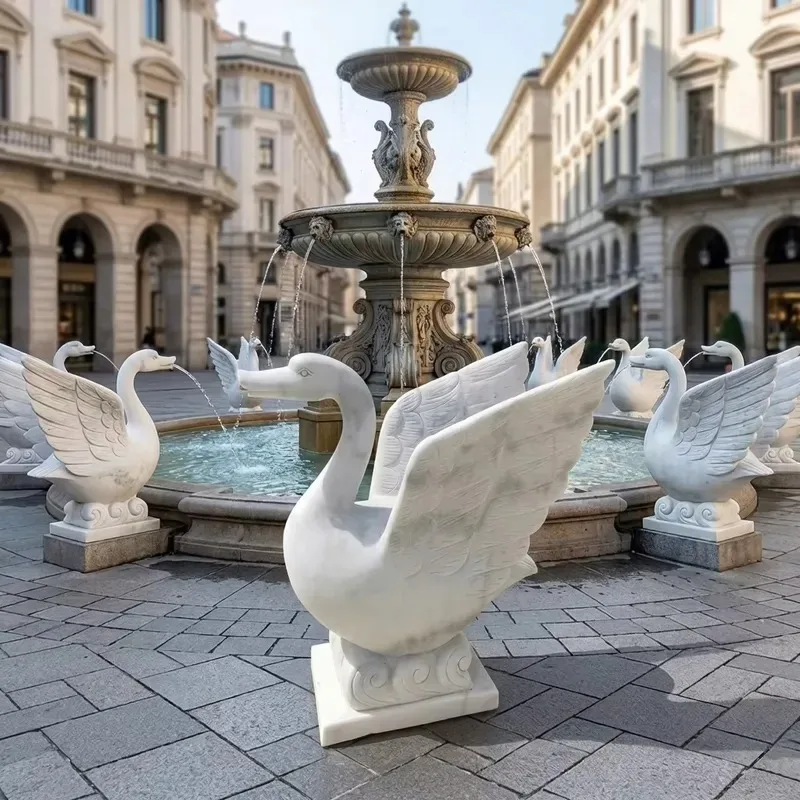 high quality handmade traditional outdoor marble stone swan waterfall fountain, natural appearance, life size,
