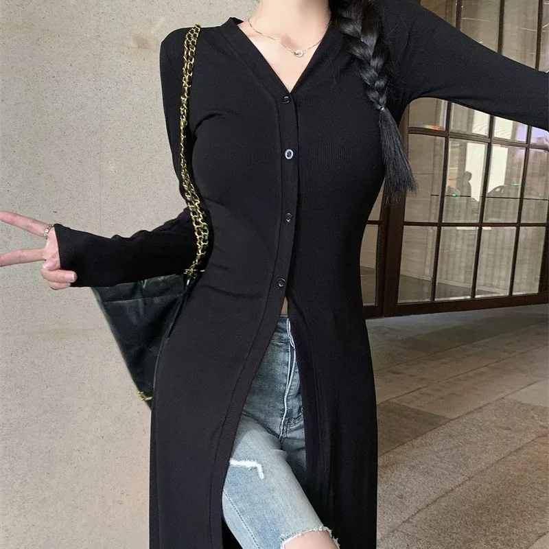 Vest Vrouwen Zwart Midi Uitloper Chic V-hals All-Match Streetwear Slanke Sexy Herfst Jassen Winter Vrouwelijke Ulzzang Leisure Ins