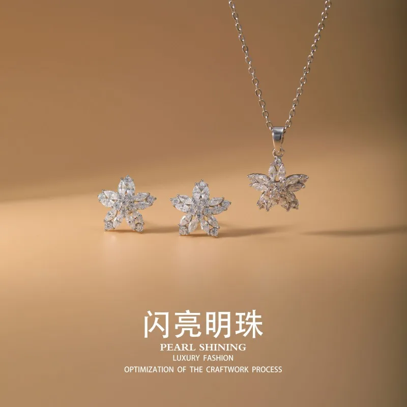 2-piece Flower Light Luxury High-end Inlaid Zircon Set for Female Actors, Elegant Personality Without Fading Wholesale Jewelry