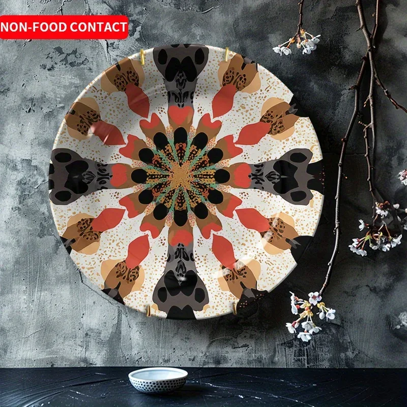 1pc Hand-Painted Floral Ceramic Decorative Plate - Vibrant Round Art Piece with Mandala-Inspired Design, Non-Food Contact Home