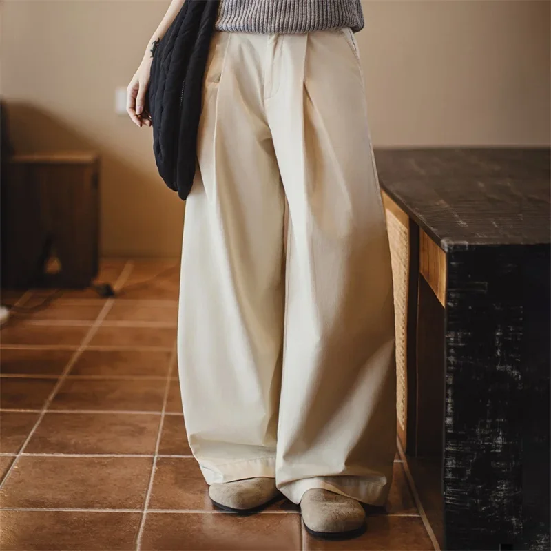 

Maden Vintage Wide-Leg Pleated Beige Pants Women's Spring&Summer Straight Floor-Length Trousers Versatile Casual Palazzo Pants