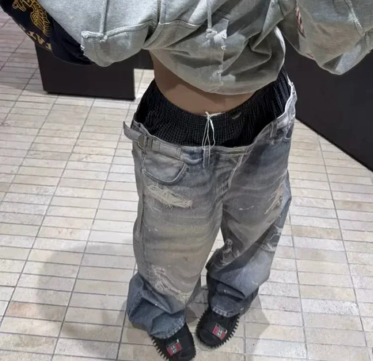 Protocol Index Fake Two-Piece Double Waist 3D Printed Design Loose Jeans