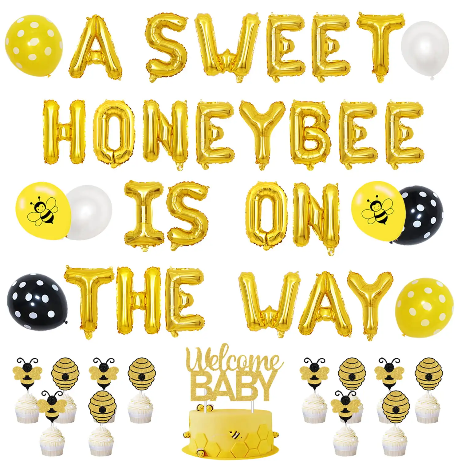 

A Sweet Honey Bee is on the Way Party Decoration, Balloon, Cupcake, Topper for Baby Shower, Welcome Baby Birthday Party Supplies