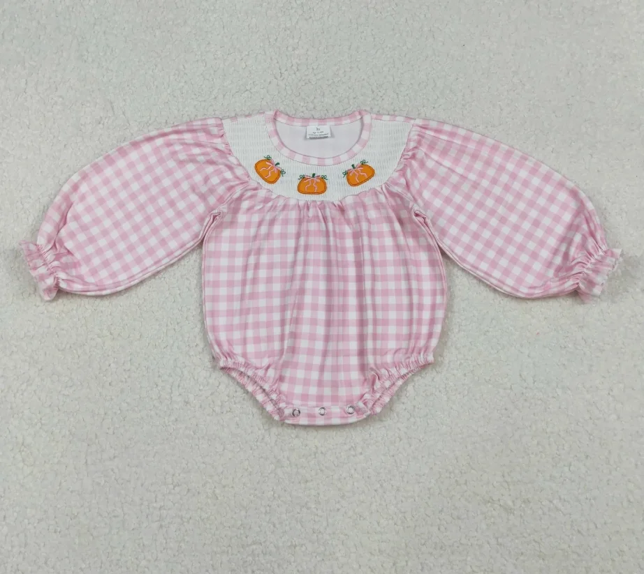 

Детский комбинезон с вышивкой тыквы на День благодарения для малышей, клетчатый комбинезон с пузырьками, детский комбинезон с копченостями