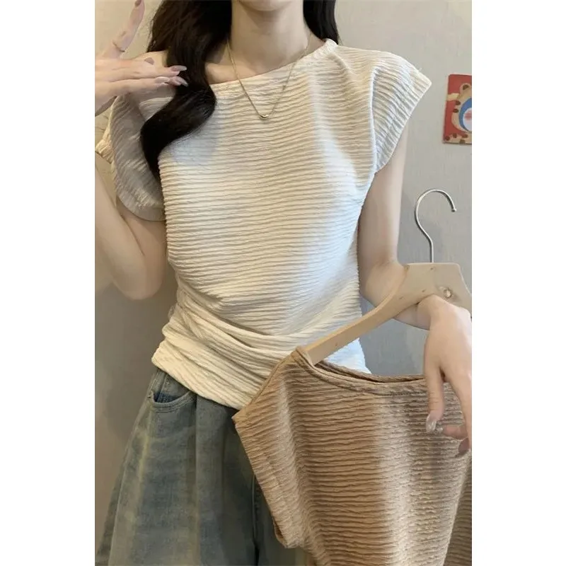 Women's Textured Ruched Short Sleeve Top, Off Shoulder Slim Fit Blouse