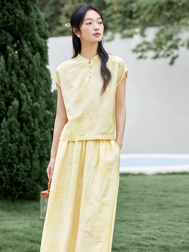 

VIMLY Yellow Dress Lady 2 Pieces Set 2025 Summer Women's Chinese Style Buckle Top A-line Skirt Elegant Jacquard Woman Suit A1786