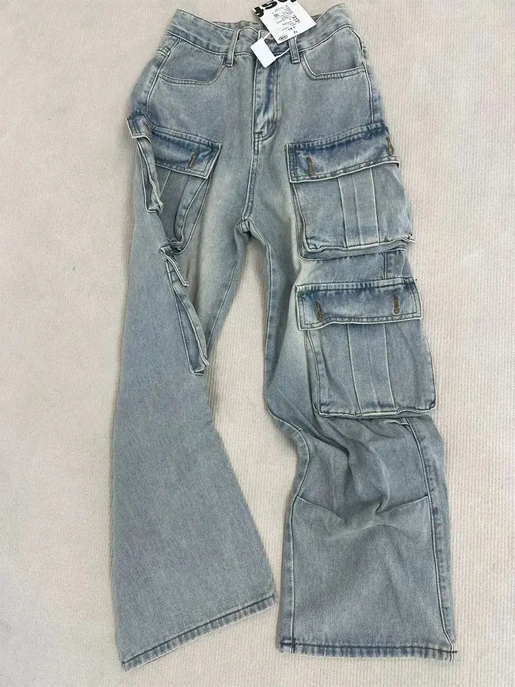 

American Style Three-Dimensional Multi Pocket Washed Workwear Jeans, Women'S Spring And Autumn Retro Loose Wide Leg Pants