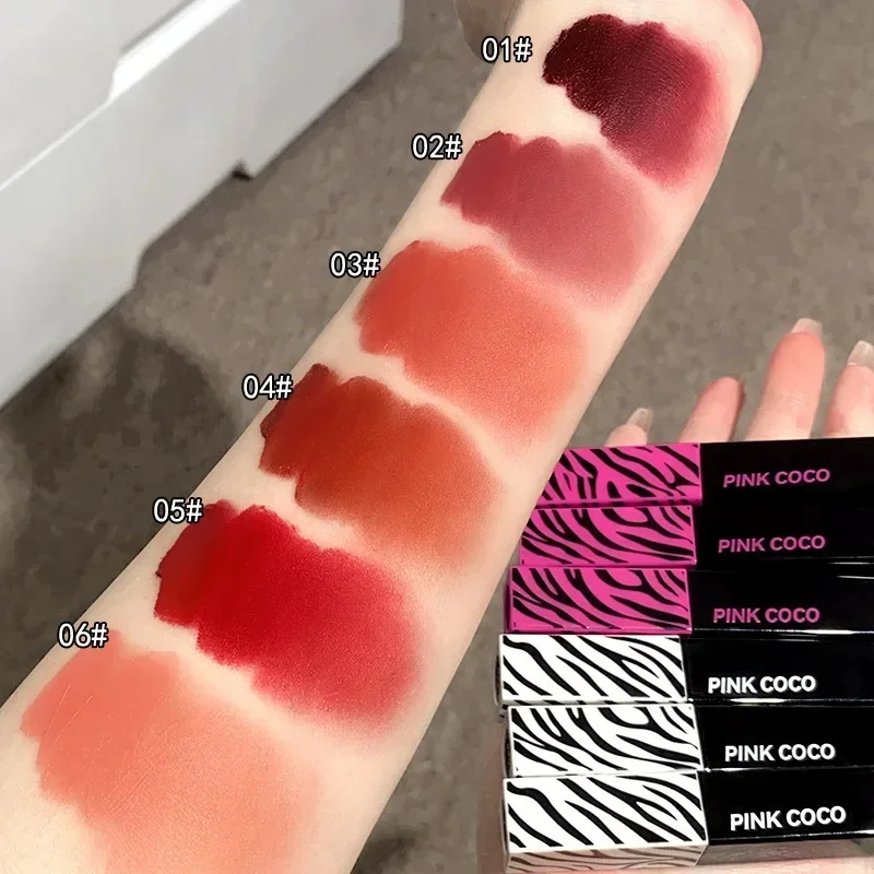 PINKCOCO Zebra Small Black Stripe Soft Mist Lip Mud Low Saturation Lotus Pink Lipstick