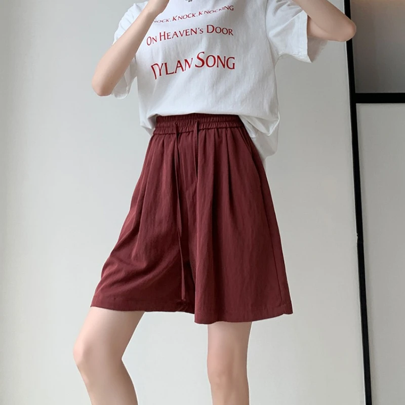 2024 Summer Thin Shorts Women Elastic Waist Loose Solid Color Casual Wide Leg Sports Pants Fashion Versatile Shorts Female