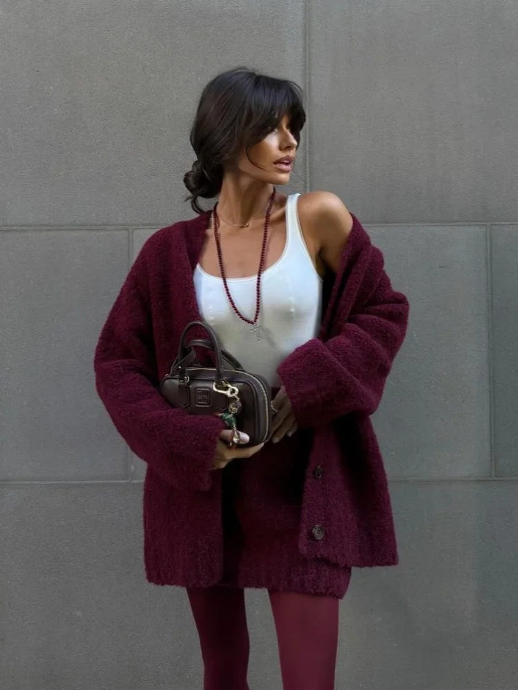 Chic Wine Red Single Breasted Woolen Cardigan Fashion V Neck Full Sleeves Long Women\'s Sweater Autumn Winter Chic Lady Outerwear