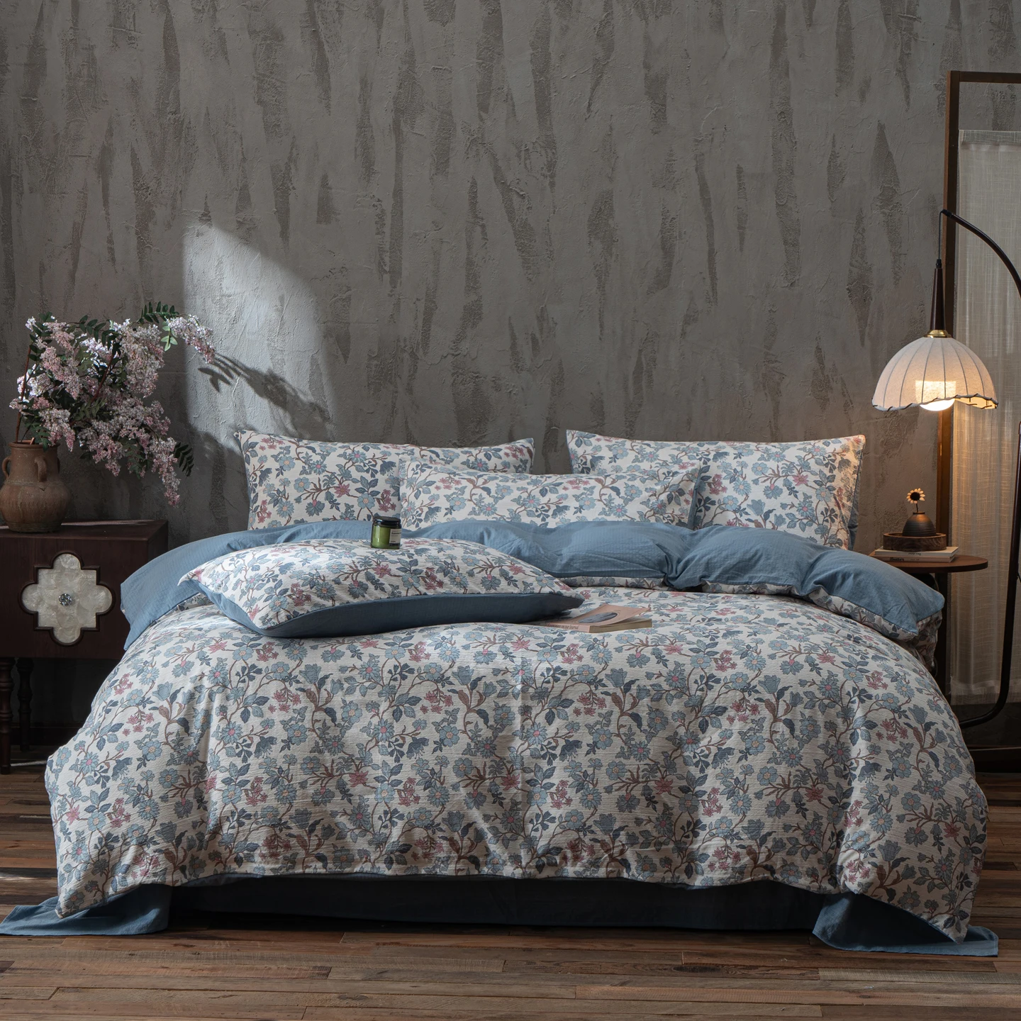 Vintage Style Bedding Set Ins Retro Fresh Floral Washed Cotton Four Piece Duvet Set, Student Dormitory Bed Sheet Three Piece Set
