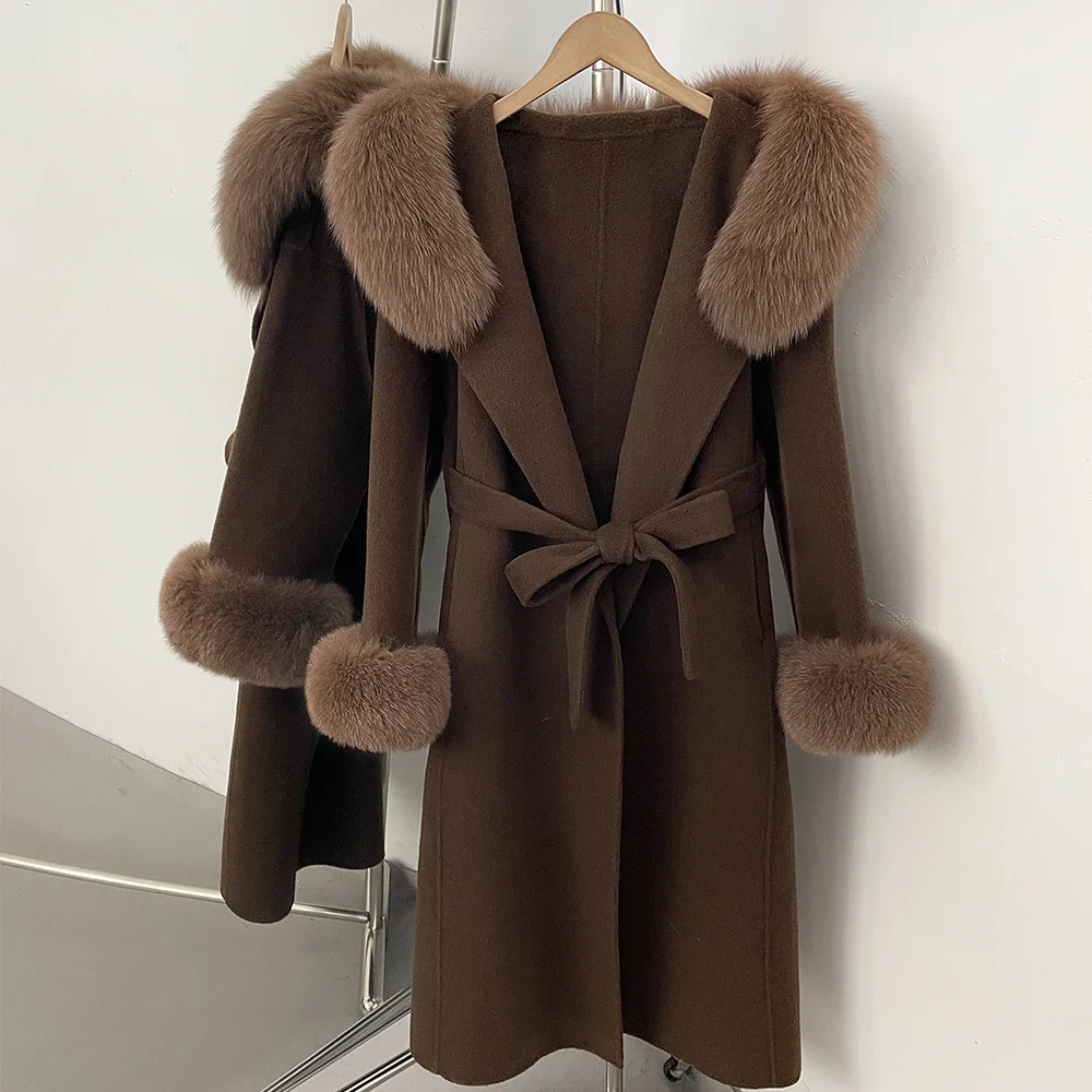 OFTBUY New Winter Warm Hood Solid Woolen Overcoat for Women Long Wool Blend Coat Women Real Fox Fur Belted Waist Jacket Female