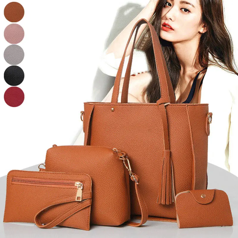 

4Pcs/Set Messenger Bags Zipped Tassels Leather Solid Color Handbag Ladies Girls Purse Shoulder Bag