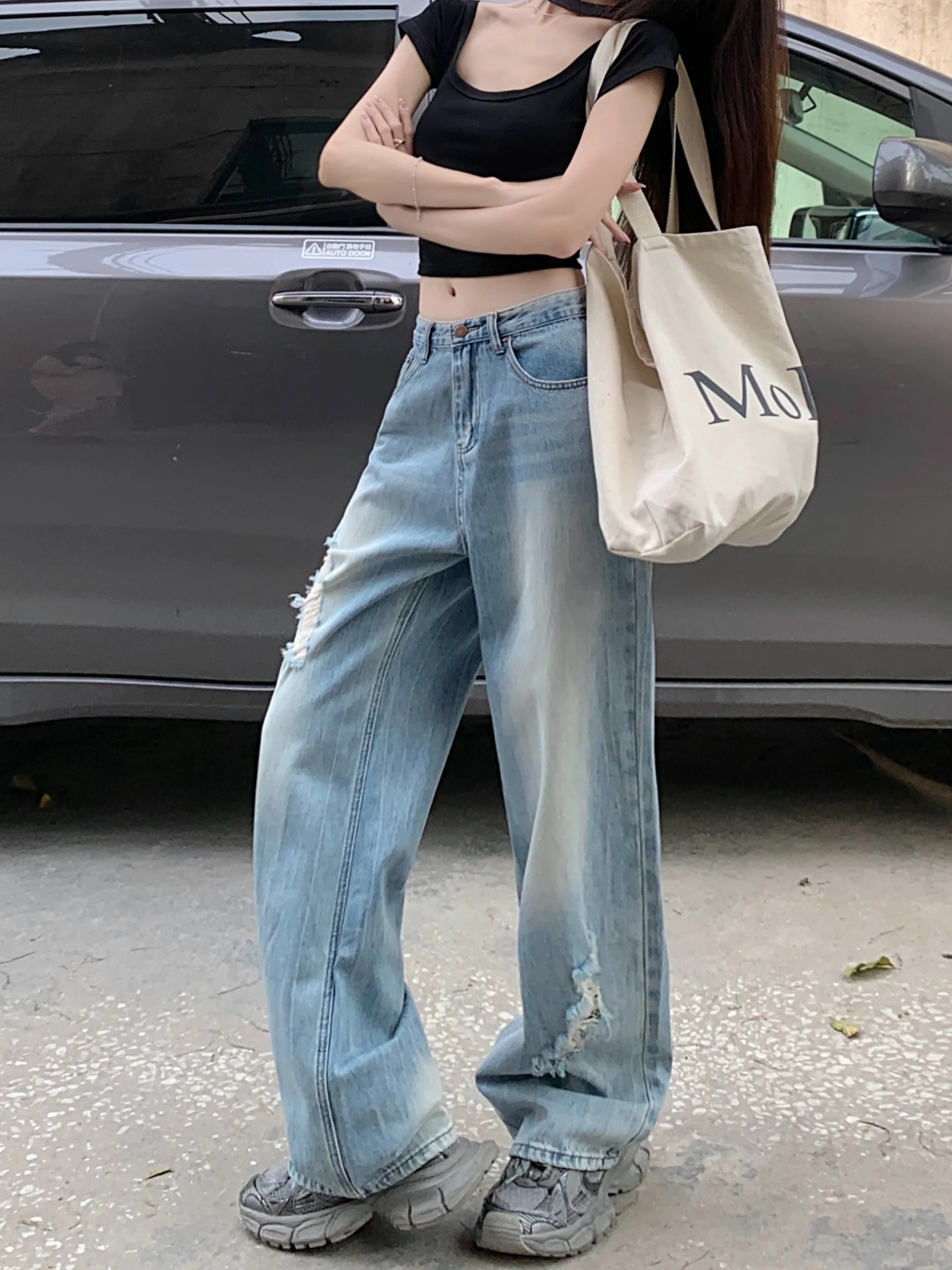 

Ретро-джинсы американского стиля, синие, с эффектом потертости, женские, летние, прямые, широкие, с высокой талией, с дырками