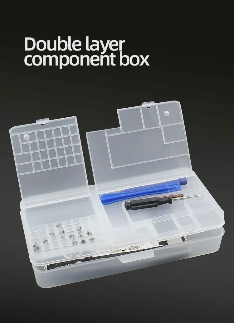 Scatola, componenti elettronici, conservazione in plastica trasparente, piccoli accessori per viti, griglia di classificazione degli attrezzi