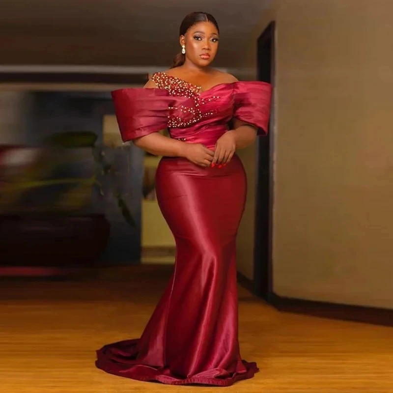 2026 Elegant Dark Red plus Size 3D Off-the-Shoulder Mermaid Prom Dress African Asoebi Formal Party Gown for Wedding Reception