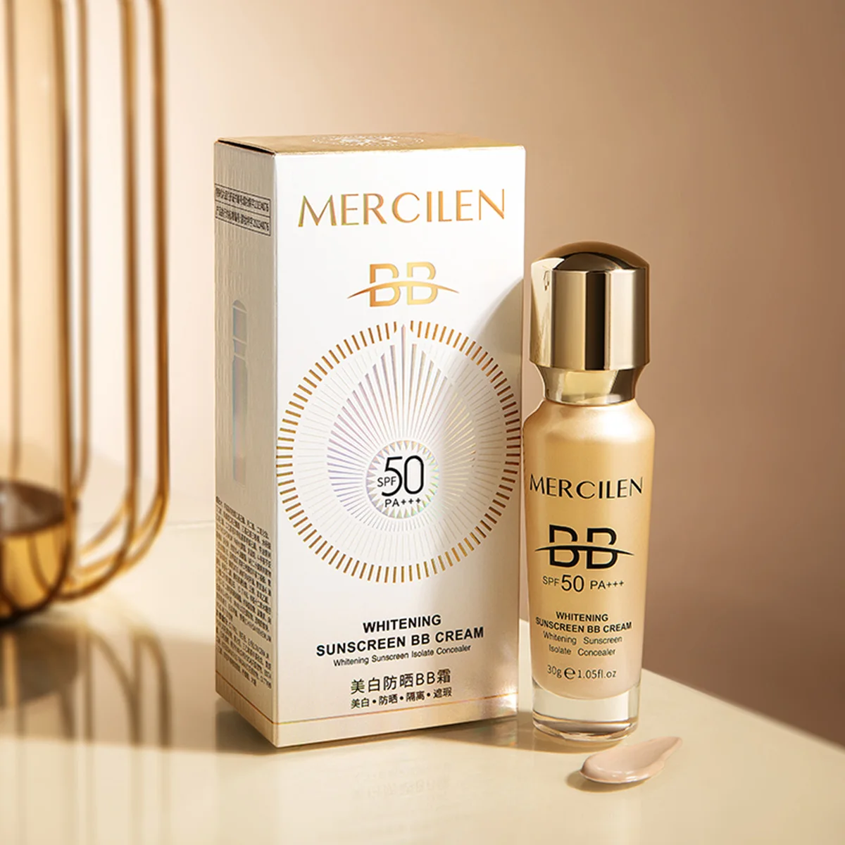 Mercilen, protetor solar em creme BB, creme isolante, FPS 50 PA+++, proteção solar de alto nível, fórmula não oleosa, protetor solar de amplo espectro UVA/UVB, resistente à água e ao suor, acalma a pele e oferece proteção UV, fórmula leve, adequada tanto para homens quanto para mulheres.
