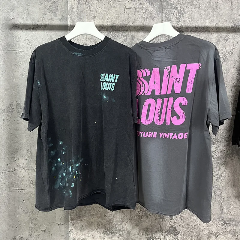 

New SAINT LOUIS T Shirt Wash Vintage Men Woman Good Quality Letter Splashing Ink Printing Loose Casual Top Tees