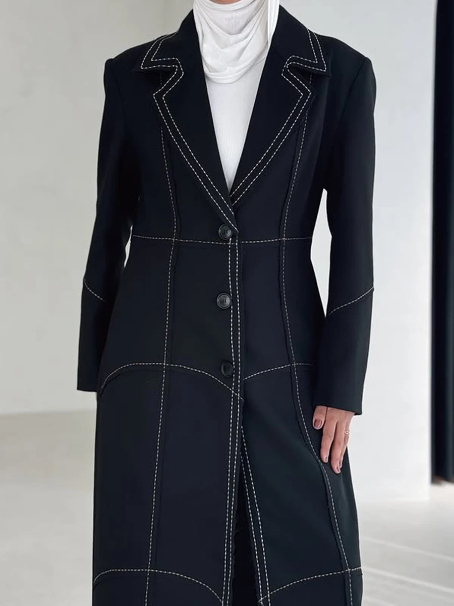 TWOTWINSTYLE Hit Color Dimagrante Cappotti Lunghi Per Le Donne Risvolto Manica Lunga Vita Alta Temperamento Tasca Impiombata Giubbotti Femminile Nuovo