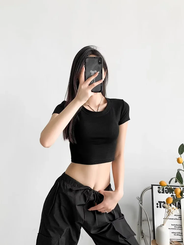 Women Sexy Top Summer Short Sleeve Round Neck Solid Bottoming T-shirt