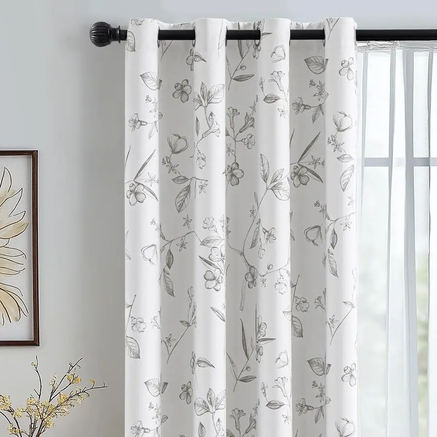

100% светонепроницаемые шторы с цветочным узором, 84 дюйма в длину, 2 панели, для спальни и гостиной, серые, с цветочным принтом, затемняющие, термоизоляционные