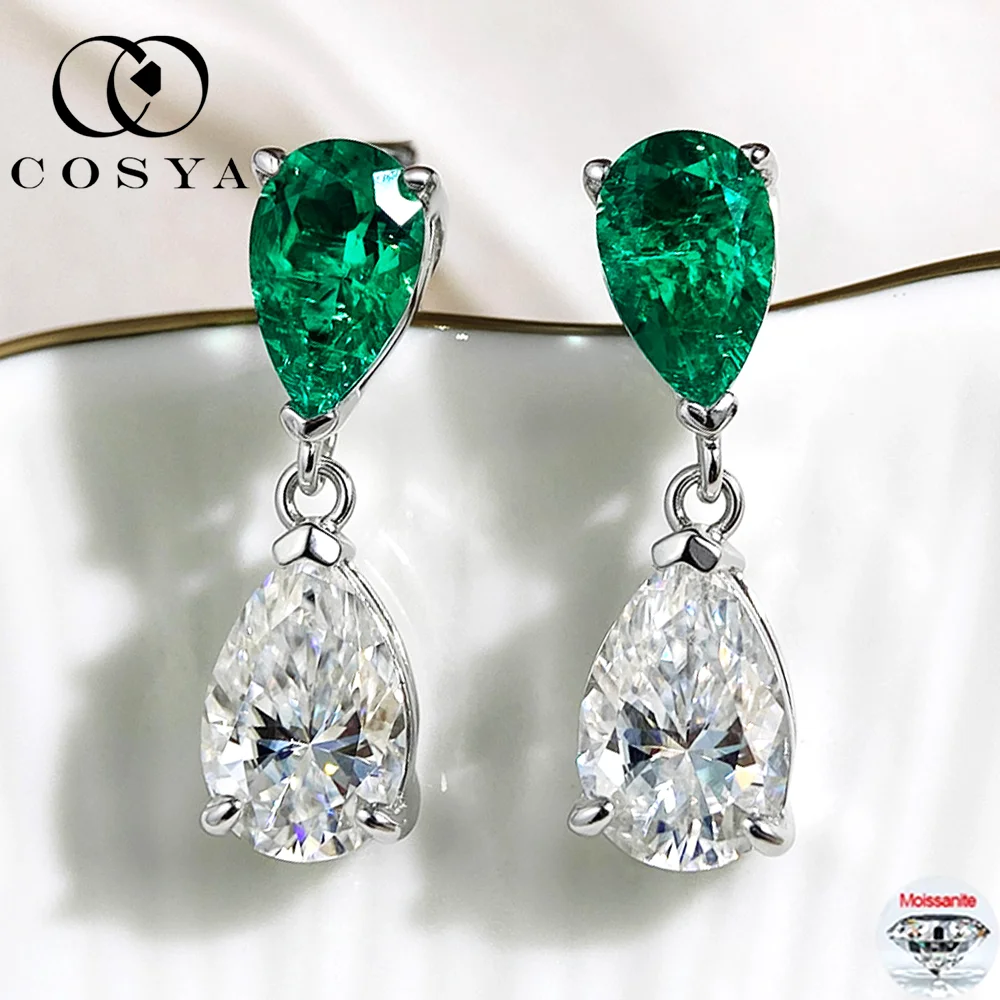 

COSYA 5cttw Pear Cut Lab Grown Colombian Emerald/Moissanite Drop Earrings For Women 100% S925 Silver Wedding Party Fine Jewelry