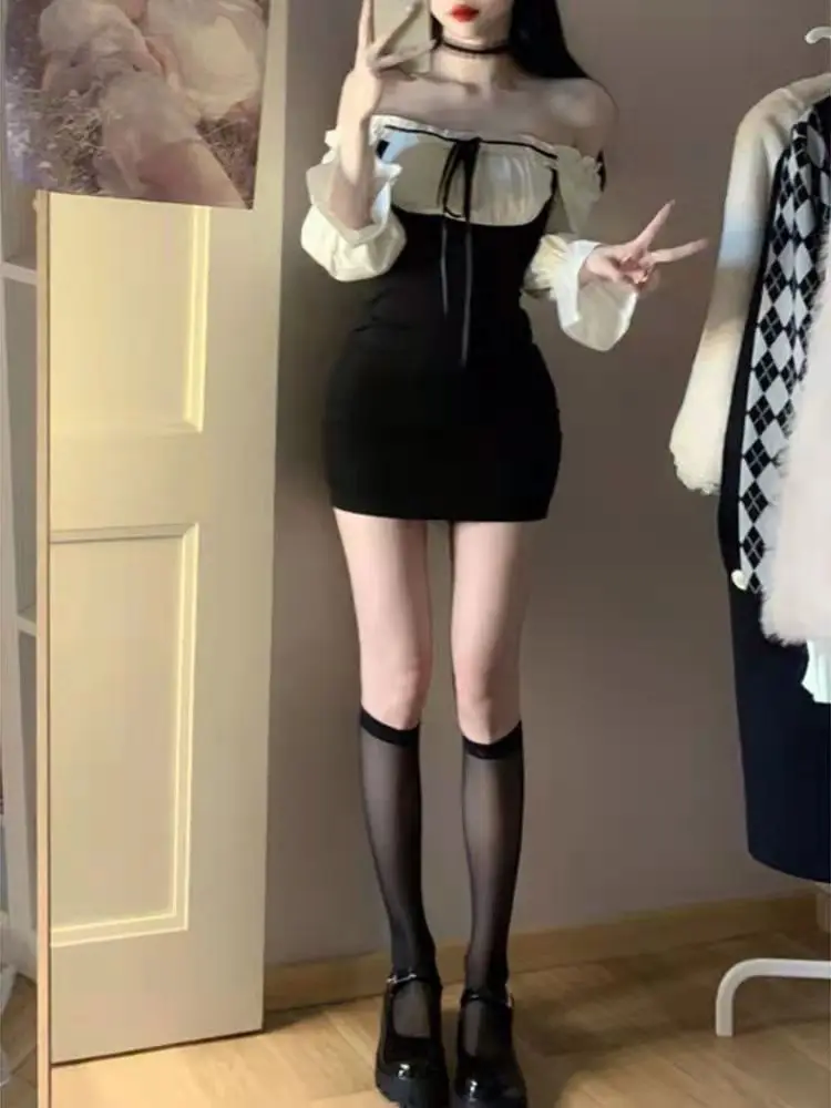 

Hot Girl Fake Women's Two-piece Illusion Long Sleeve French Style Long Sleeve High-End Waist-Fitted Slimming Mini Dress