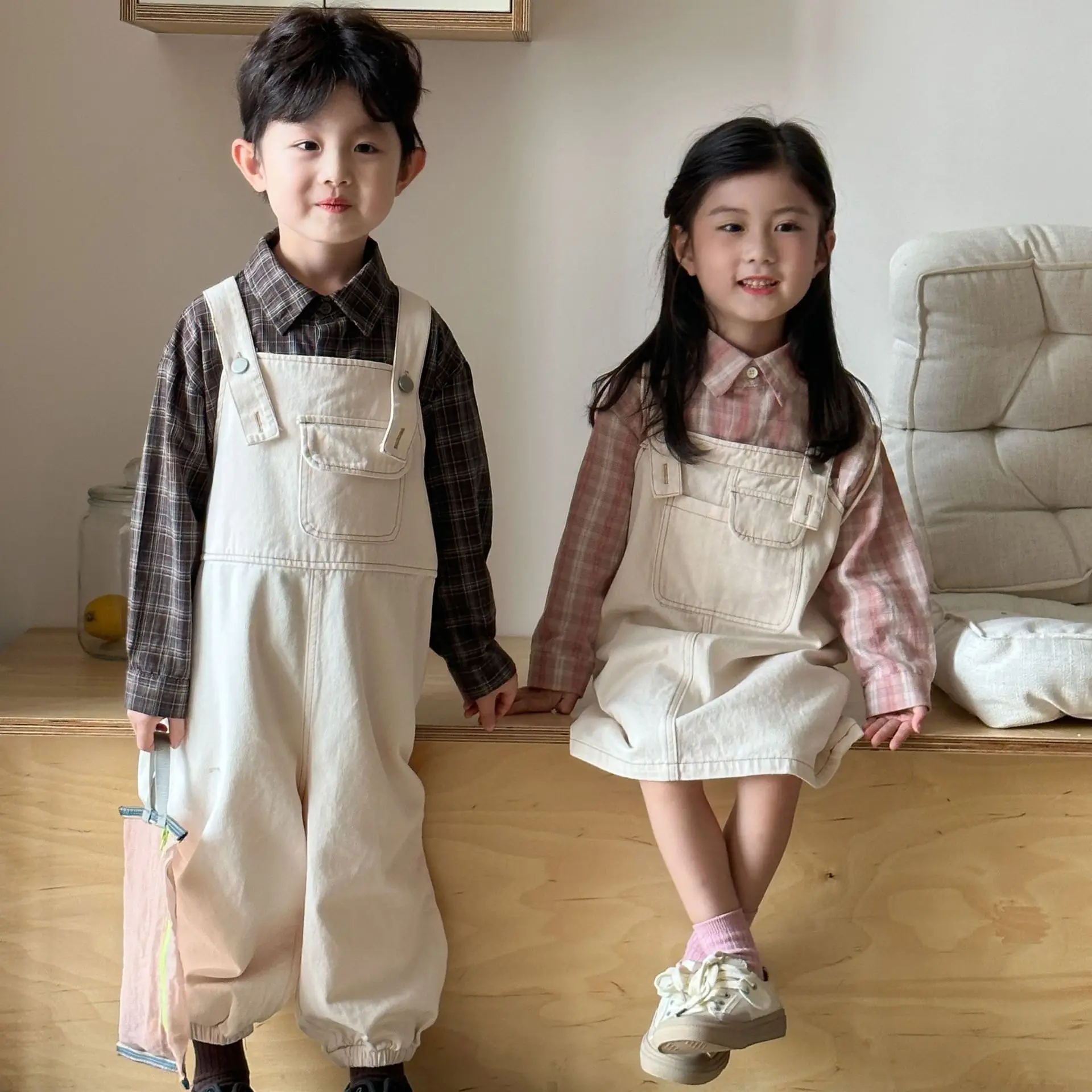 2025 Autumn New Children Overalls Cotton Boys Casual Trousers Baby Girls Solid Loose Strap Dress Kids Brother Sister Clothing