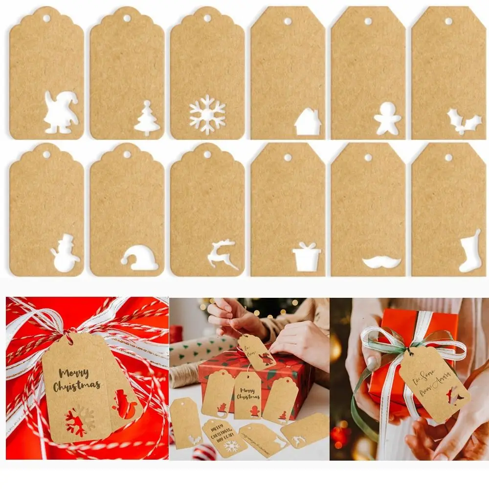 48/96/144pcs Christmas Tree Shape Gifts Labels Snowman Santa Claus Gift Wrapping Printed Crafts DIY Kraft Paper Tags