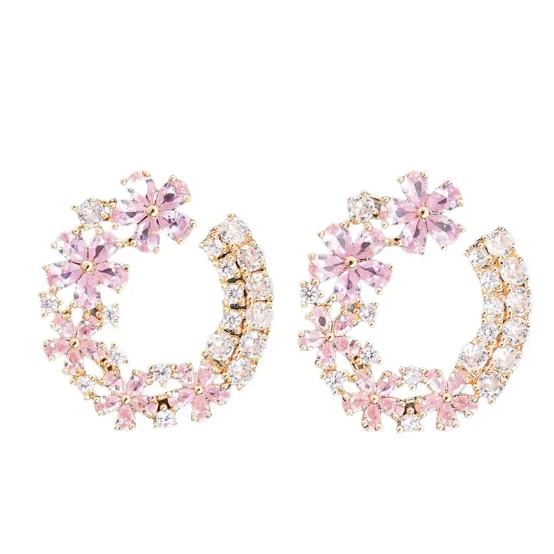Sunset pink cherry, streamer ring buckle earrings light luxury high-end stud earrings niche full of diamonds gentle