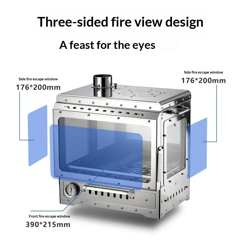 Stainless Steel Fireplace Stone Flame Three-sided Viewing Multi-functional Tent Firewood Stove Outdoor Camping Tent Heatingstove