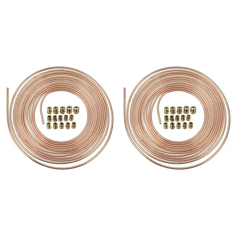 

2Pcs 25Ft 7.62M Roll Tube Coil Of 3/16Inch OD Copper Brake Pipe Hose Line Piping Joint Union With 30Pcsnuts Fittings