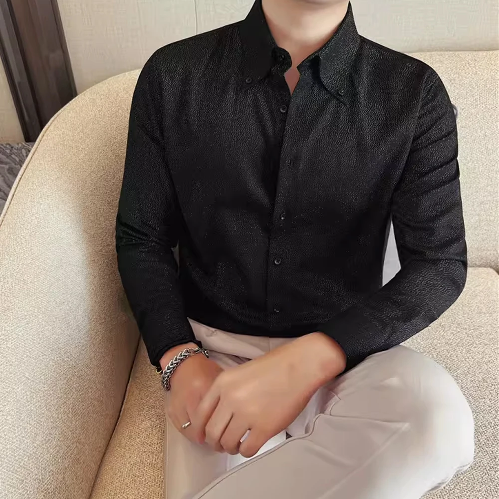 

High-end Pointed Collar Floral Shirt for Men, Long Sleeve with Hidden Buttons, Business Casual Versatile Style