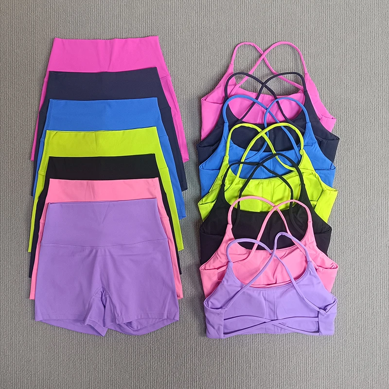 Woman's Yoga Set 2 Pieces Gym Short Bike Short Legging +Cross Sport Bra Yoga Set Woman High Waist Shorts Running Tracksuit image 5