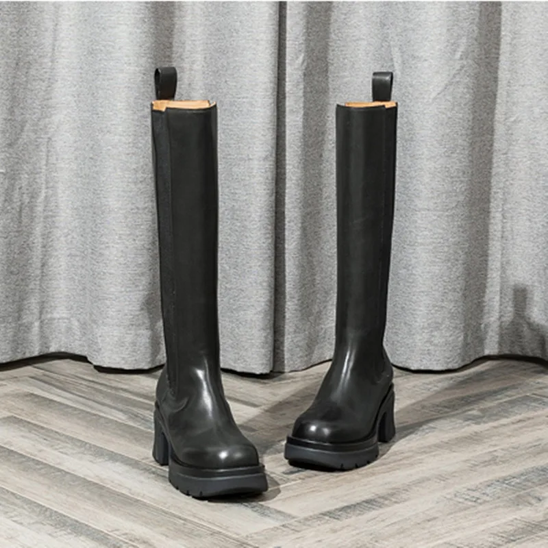 Fall Winter Women Knee Boots Platform Shoes England Style Chunky Heel Boots Designer Round Toe Boots