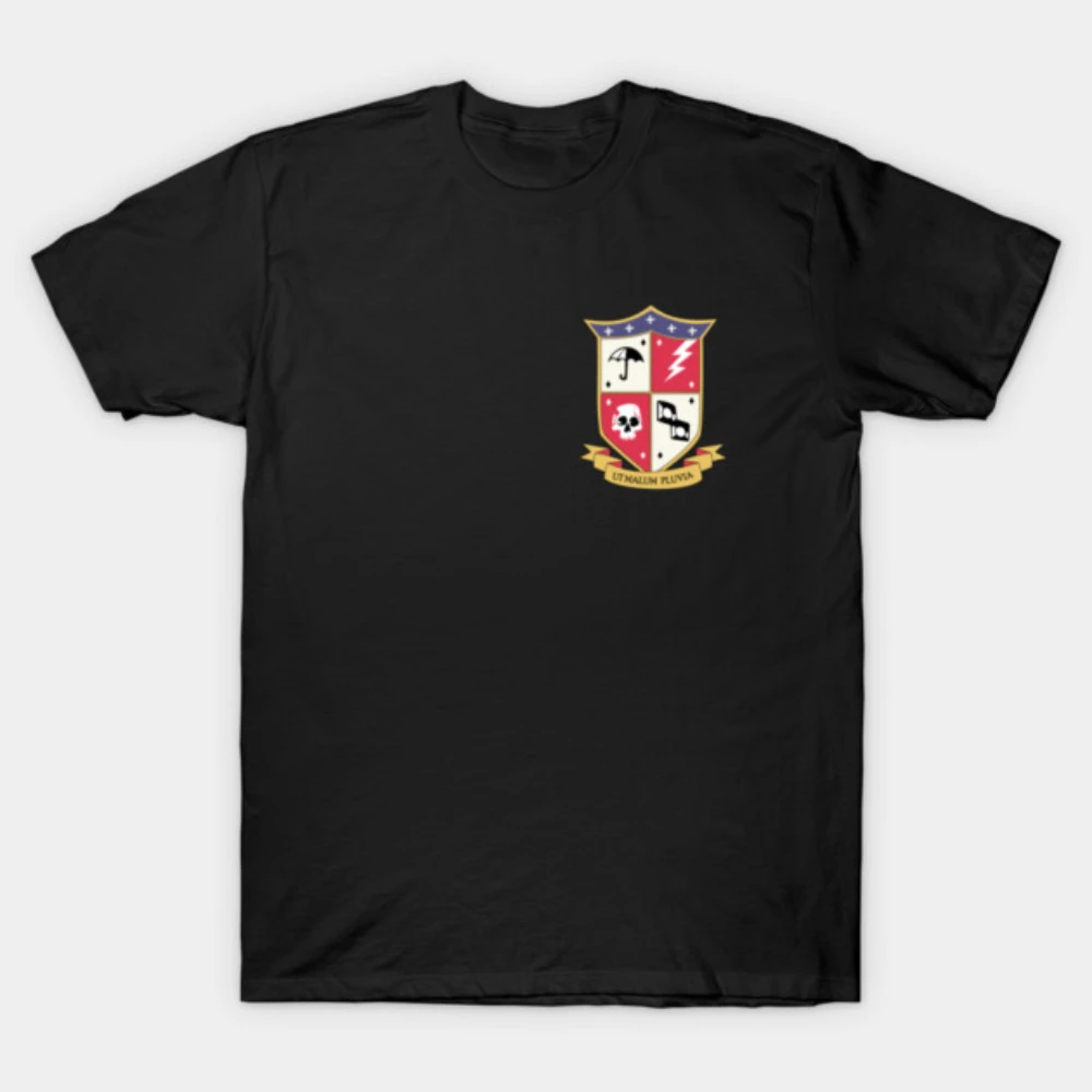 Mens Cotton Umbrella Academy Crest T Shirt Small Chest Placement Four Symbol Shield Emblem Latin Banner Casual Fan Graphic Tee