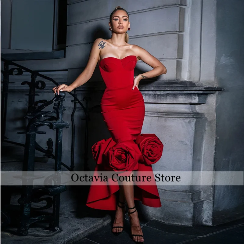 

Glamorous Red Satin Evening Dresses Strapless Sleeveless robe de soirée with 3D Rose - Embellished Mermaid Dress Customized