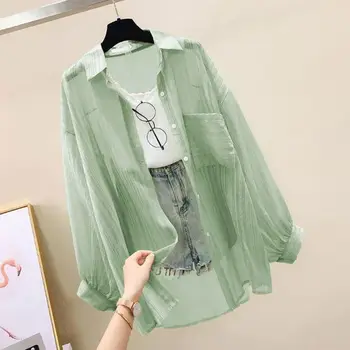 Women’s Sheer Chiffon Sunscreen Cardigan 2 Summer Sunscreen Shirt Elegant Perspective Thin Chiffon Blouse Korean Harajuku See Through Loose Top Casual Women's Cardigan 2