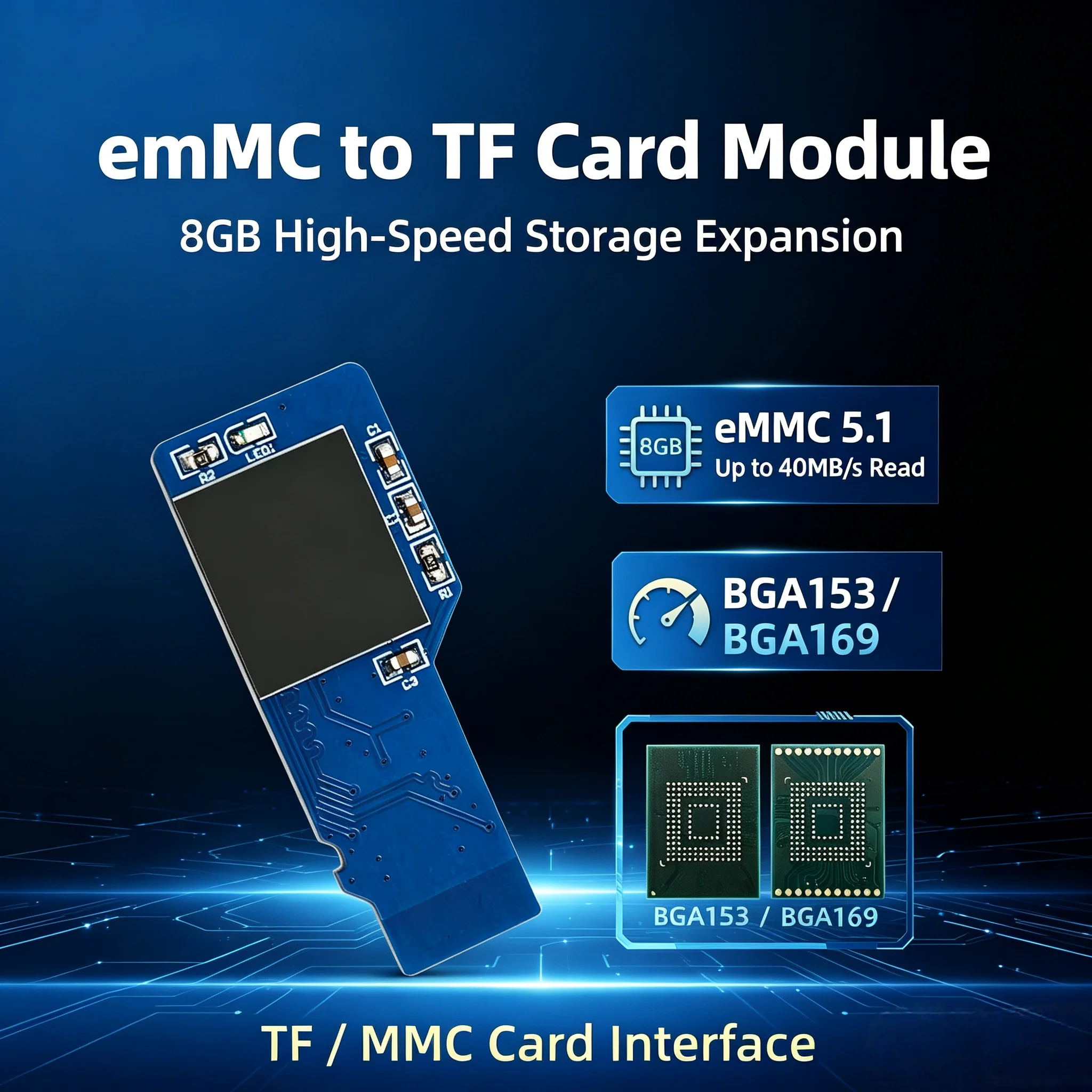8GB eMMC 5.1 to TF Micro SD Card Module BGA153/BGA169 Converter Board HS400 40MB/s Read Speed Linux Boot Support for Embedd