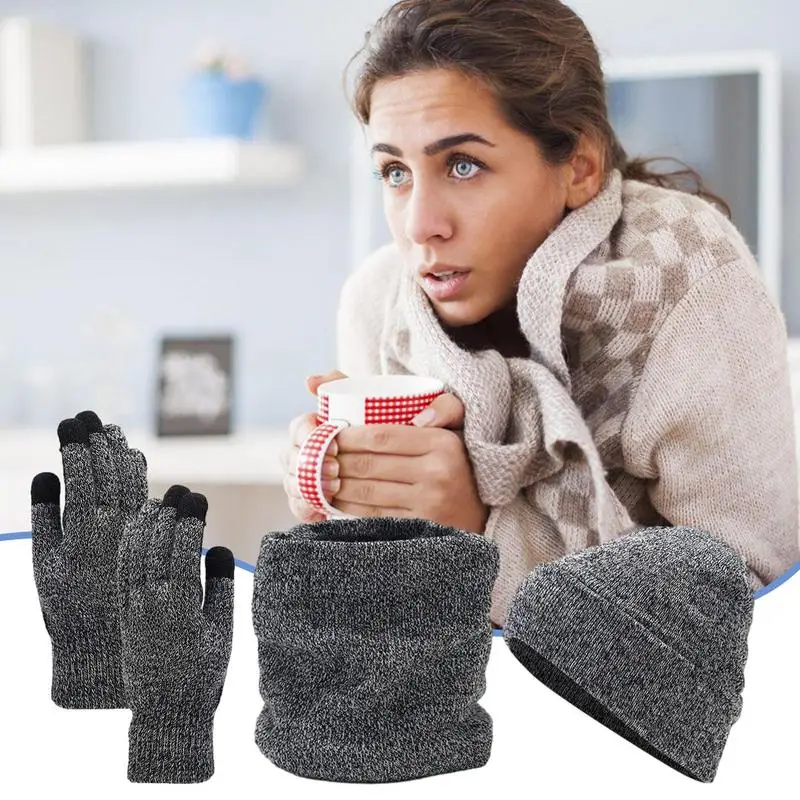 

Перчатки для сенсорного экрана, комплект шарфов, 3X вязаная шапка-бини, флисовая подкладка, перчатки для сноуборда, сенсорный экран, мягкая утепленная повязка на шею