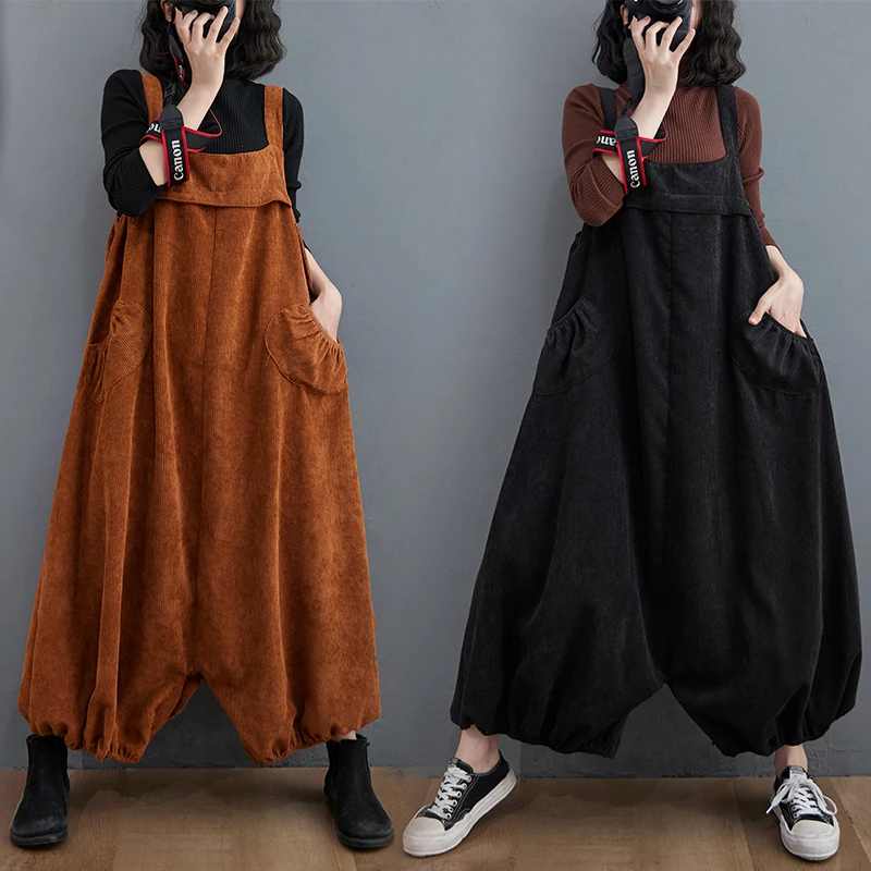 

Corduroy Bib Overalls Women's plus Size Casual Loose Fit Lantern Skirt Pants Trendy Vintage Sle Nine-Piece Pants
