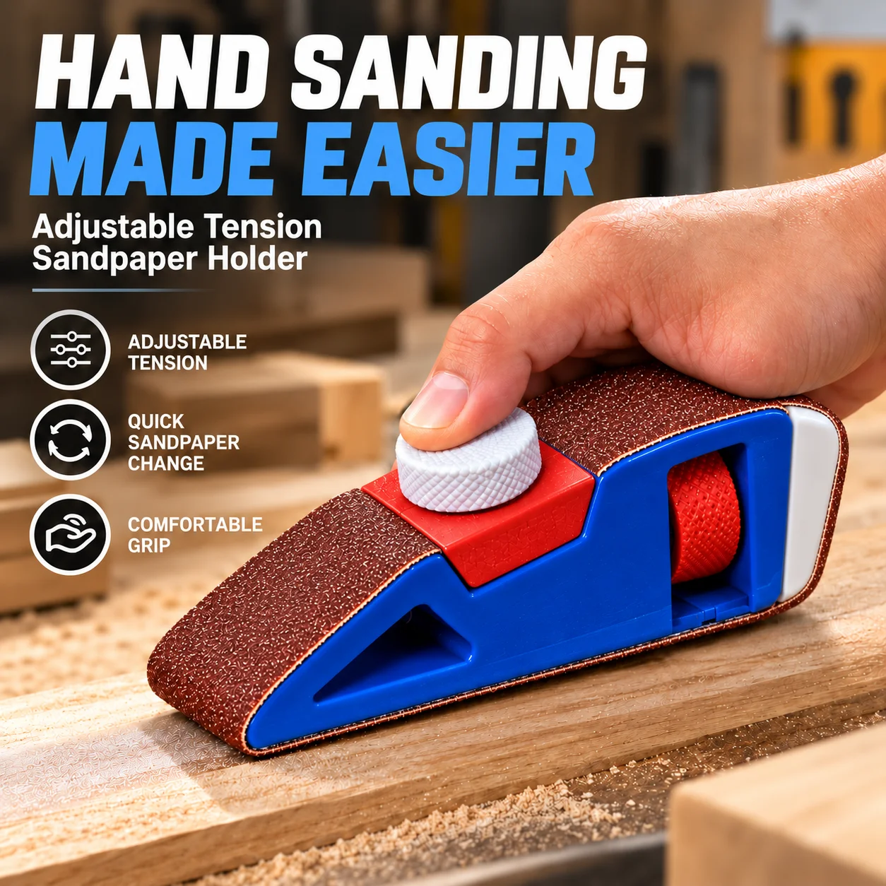 Adjustable Hand Sanding Tool 3D Printed Sandpaper Holder Clamp Quick Change Tension Sander for Woodworking DIY Model Polishing