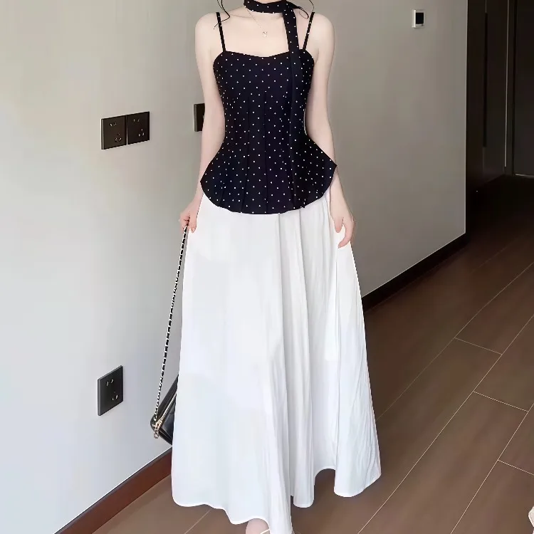 

Летний комплект Faion 2022, женский топ с ремешками в горошек и юбка f, комплект из двух предметов, женская одежда