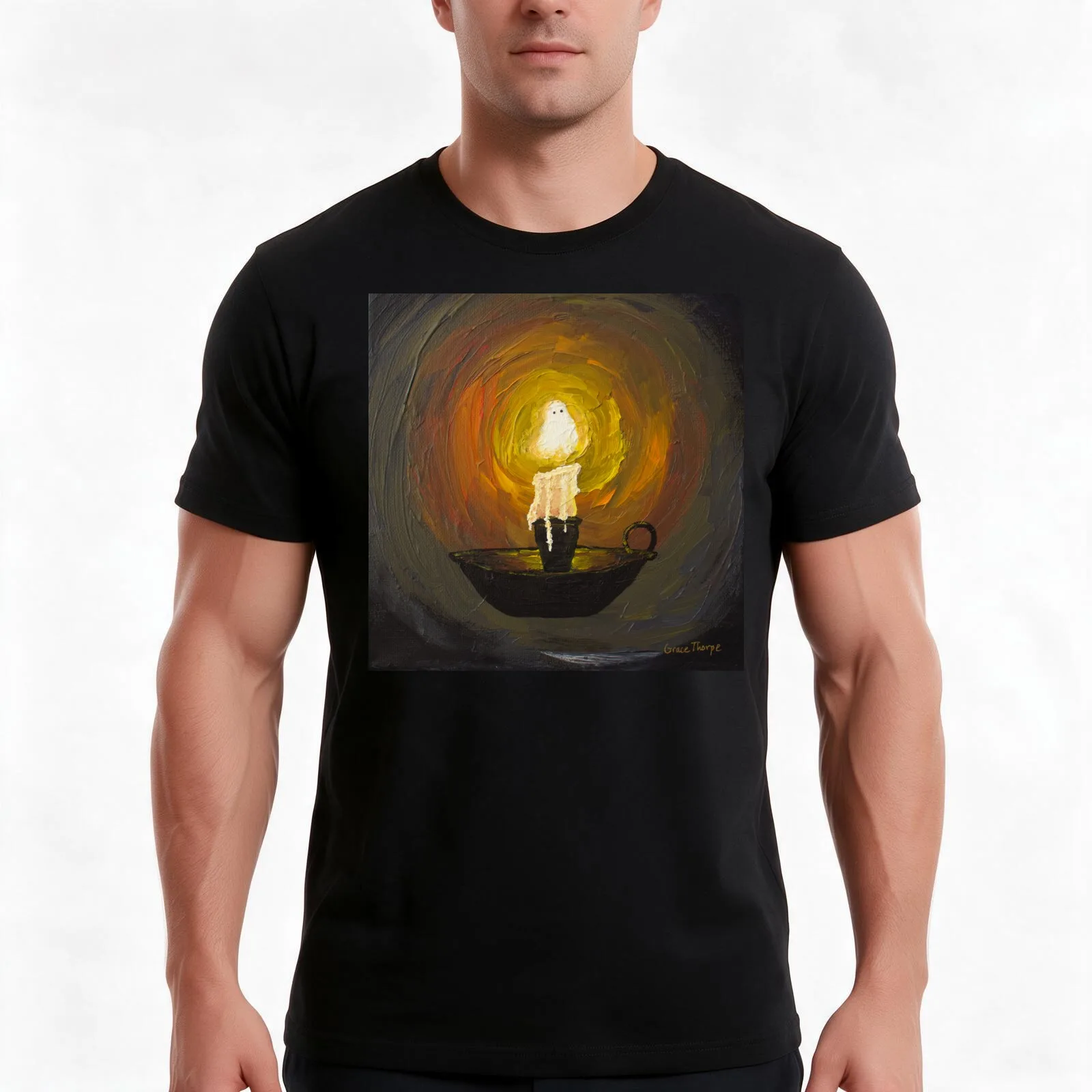Candle Flame Ghost Acrylic Painting T-Shirt, Summer Casual Cotton Tee, Oversized Streetwear Tops, Vintage Graphic Print